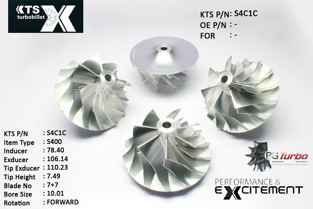 Turbo ROUE FORGÉE MFS PERFORMANCE - 7+7 PALES - INDUCER : 78,4 - EXDUCER : 106,14 - TYPE : S400ANGLE : 45° - ROTATION : Forward - SUPER BACK : 8,8 - BORE SIZE : 10,01
